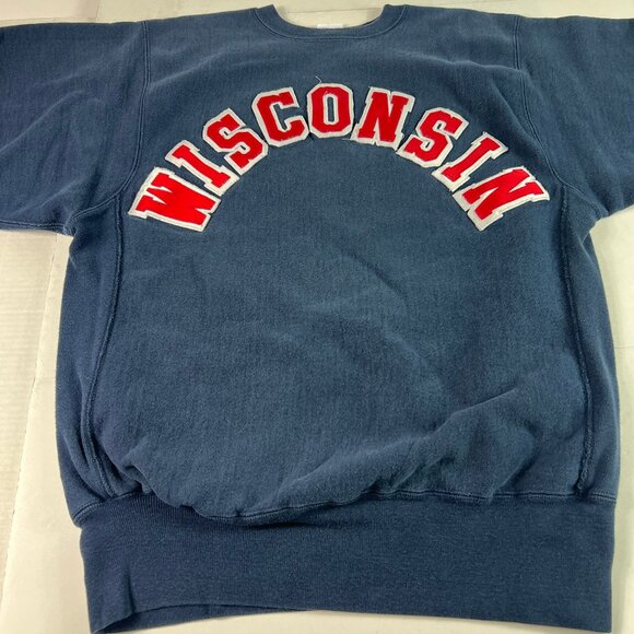 VTG Champion Reverse Weave Wisconsin Badger Sweatshirt Extra Large Blue Crewneck - Picture 6 of 14